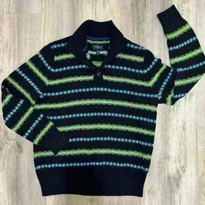 American Eagle Men’s Knit Sweater Striped Blue Green Mock Neck 1/4 Button Size L